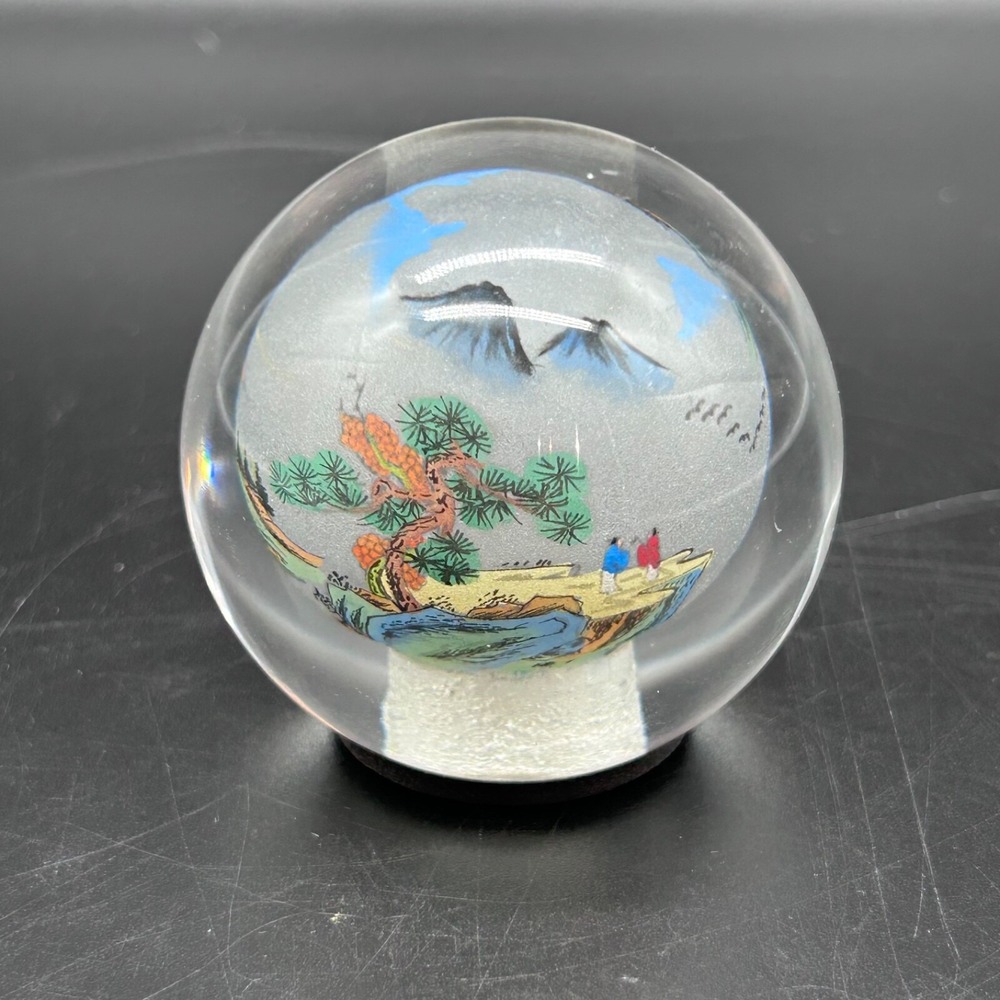 Vtg Reverse Hand Painted Japanese Landscape Inside Glass Orb Ball Paperweight